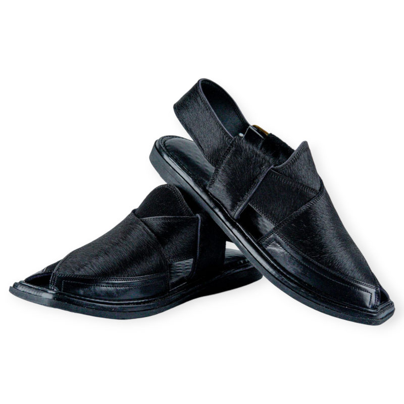Peshawari Handmade Pure Hair Leather Black Chappal