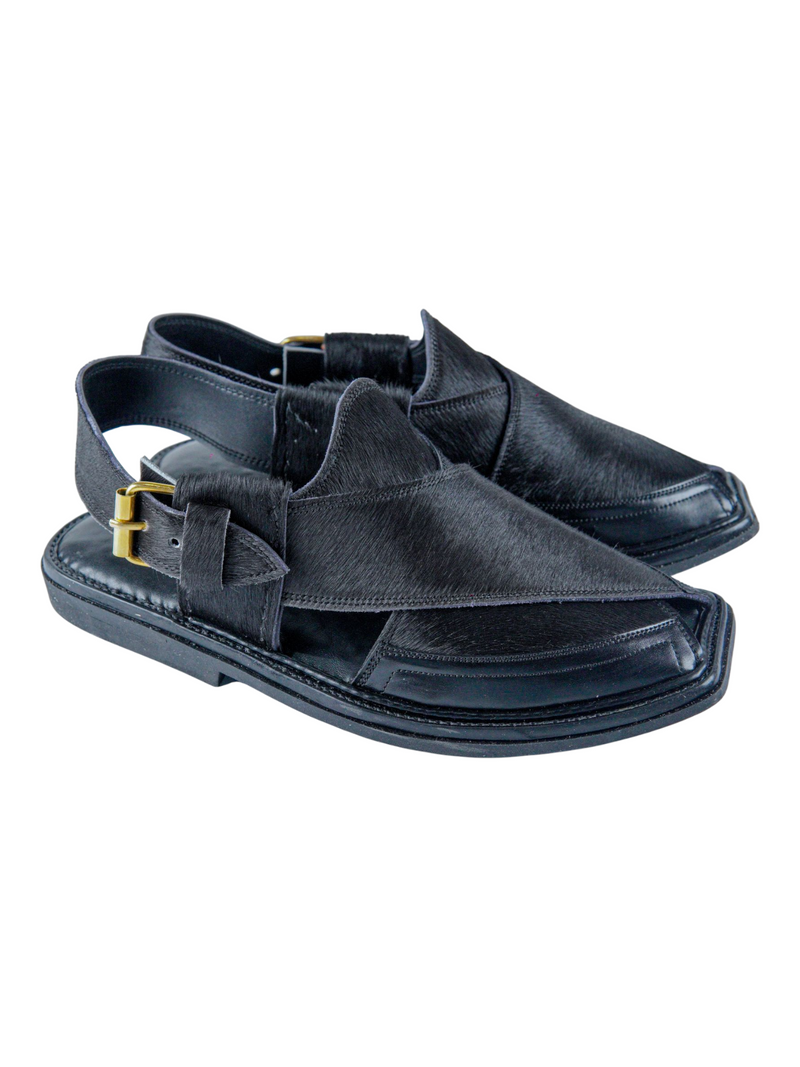 Peshawari Handmade Pure Hair Leather Black Chappal